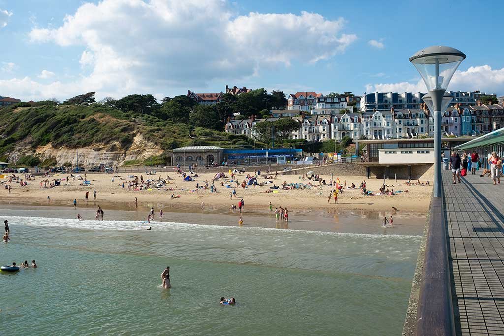 view from the pier looking back towards the west beach