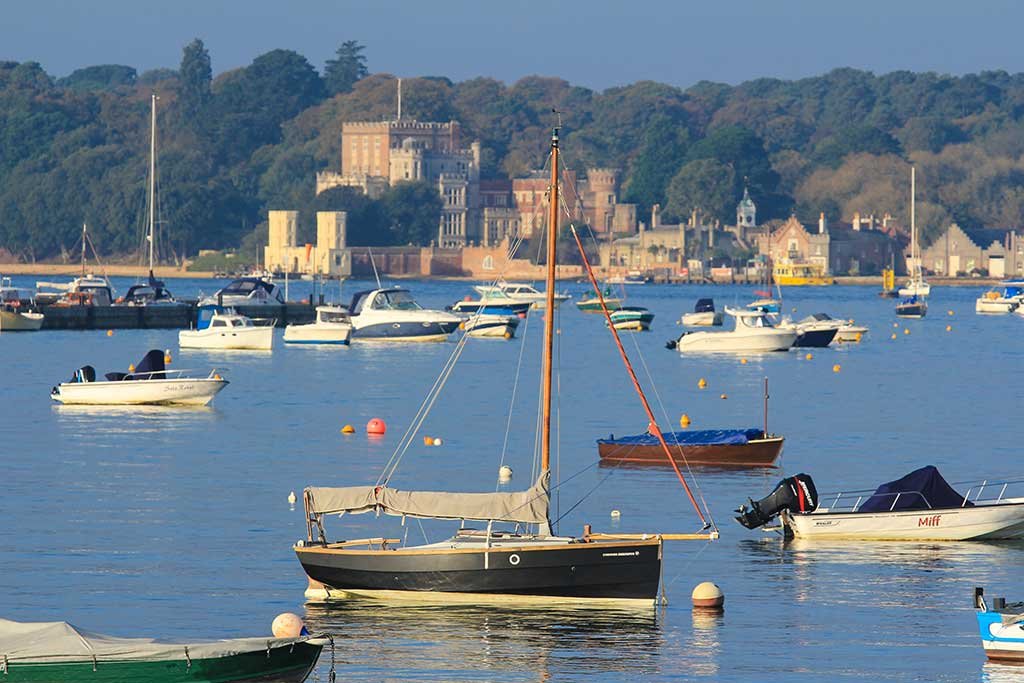View from Sandbanks across Poole Harbour to Brownsea Castle on Brownsea Island