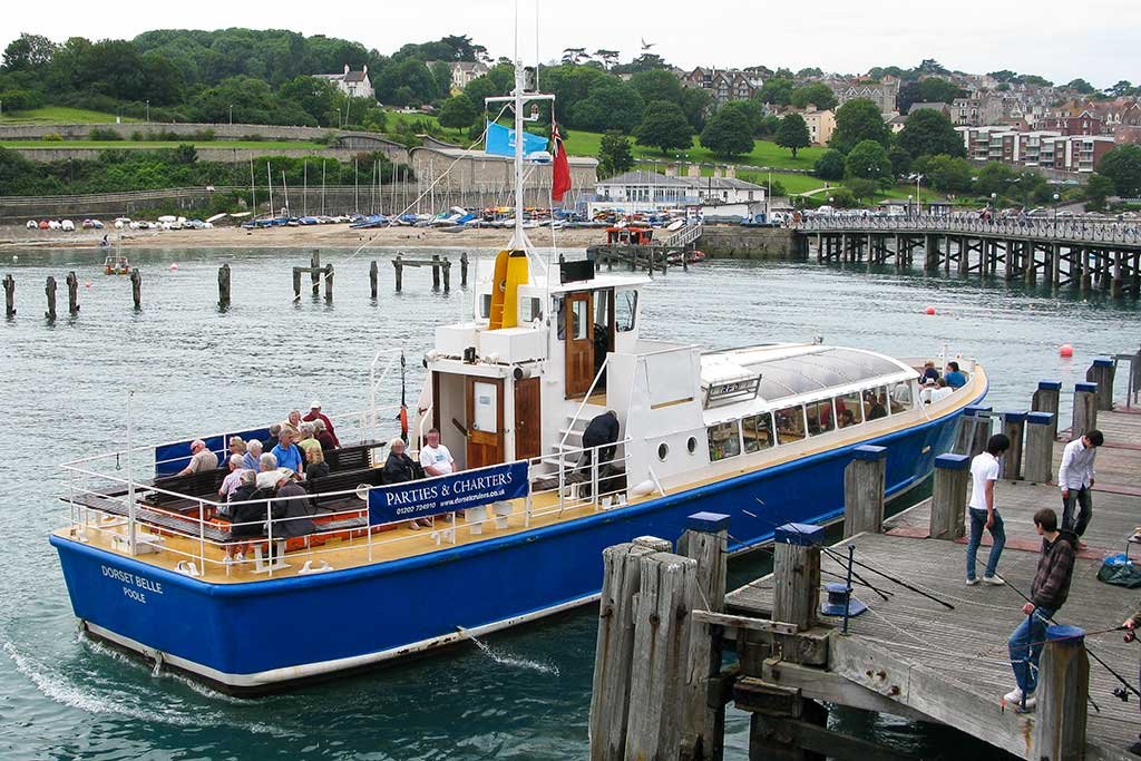A boat at the pier. There are boat trips to Poole Quay a couple of times a day in the summer months