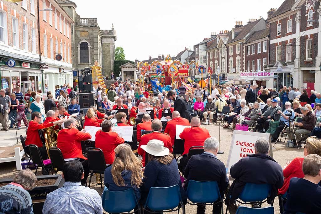 Brass band playing in front of the Corn Exchange in Blandford